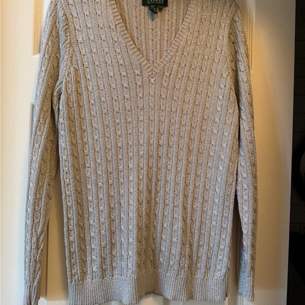 Ralph Lauren Cable Knit V-Neck Sweater in Silver